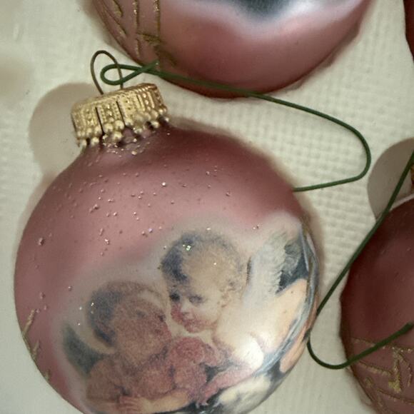 Krebs Glass Christmas Ornaments Glitter Cherub Music Notes Dusty Rose 4-2.5" VTG - Picture 3 of 7